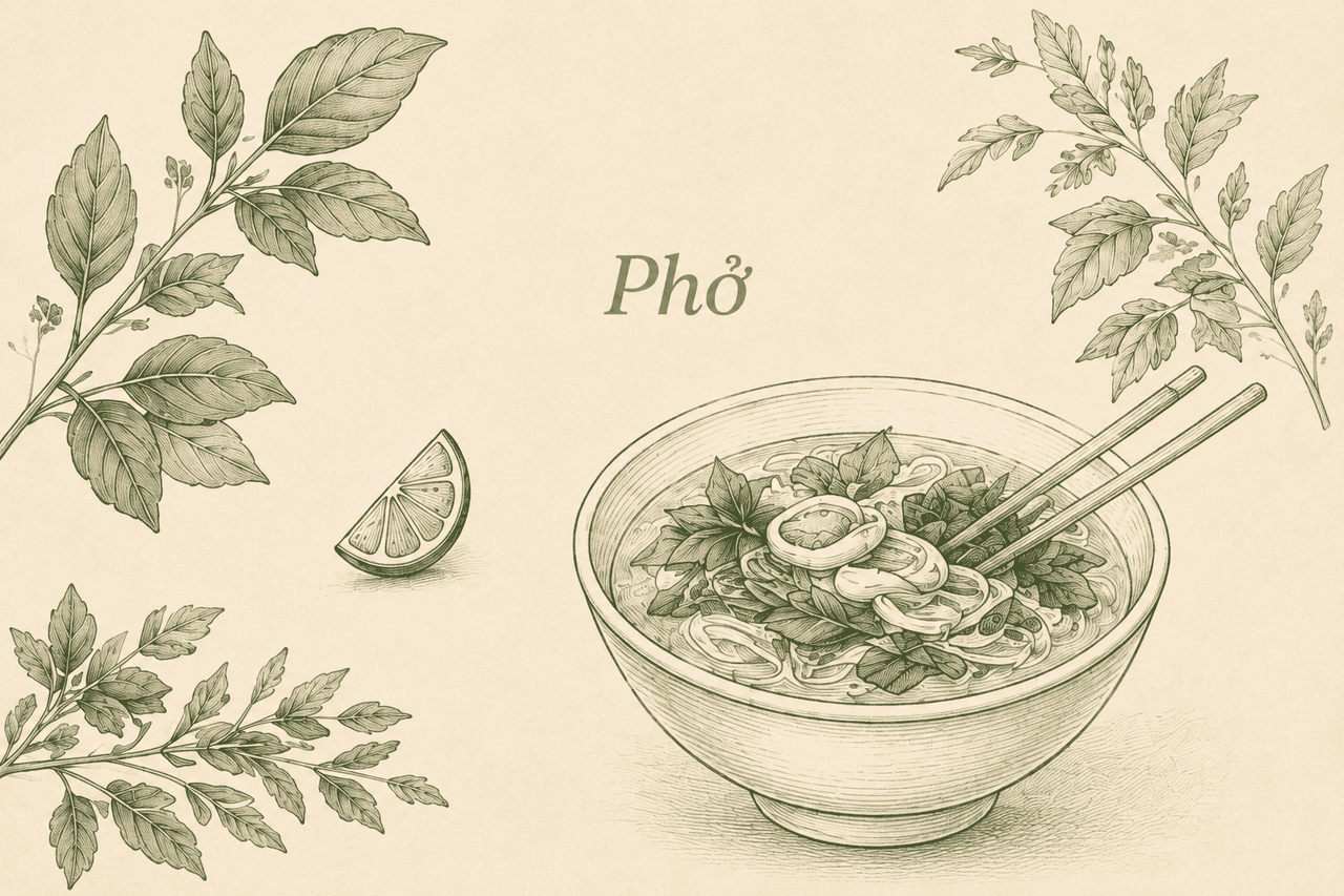Phở illustration with botanical accents